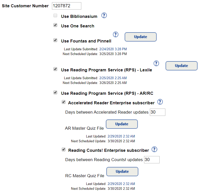 Reading Program Services checkboxes.