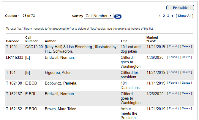 Inventory Lost Copies List.