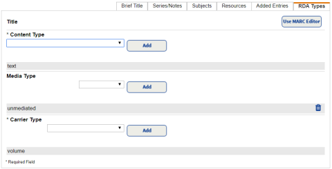 RDA Types tab on the Add Title page.