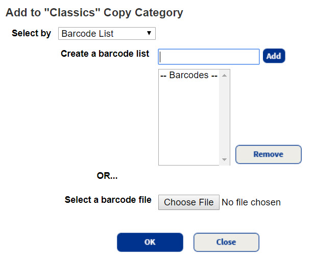 Add copies to Category page with Barcode List selected from drop-down.