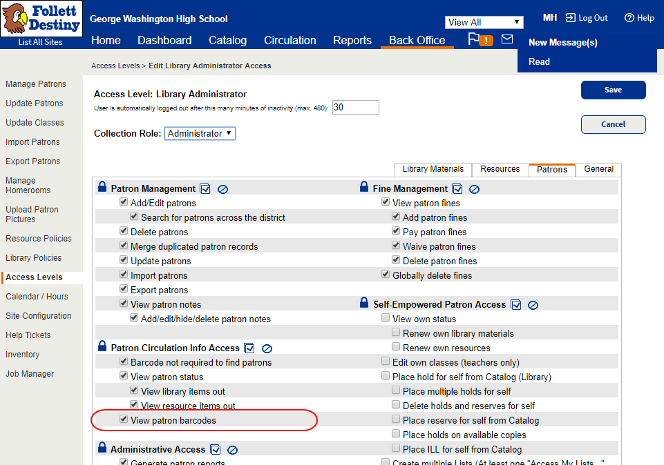 Edit Library Administrator Access Level page